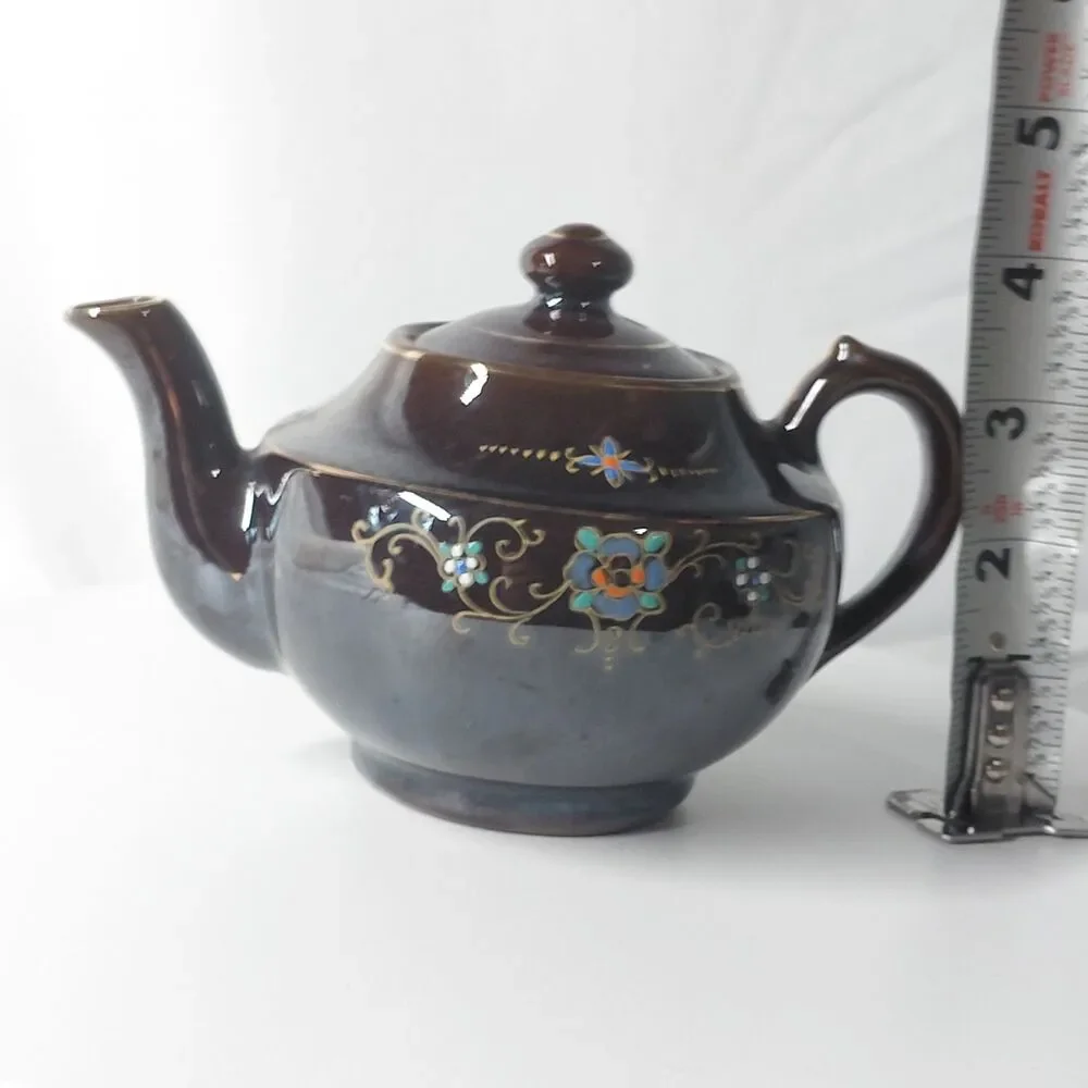 Vintage Japanese Moriage Redware Teapot Brown Betty Gold Backstamp Export 7